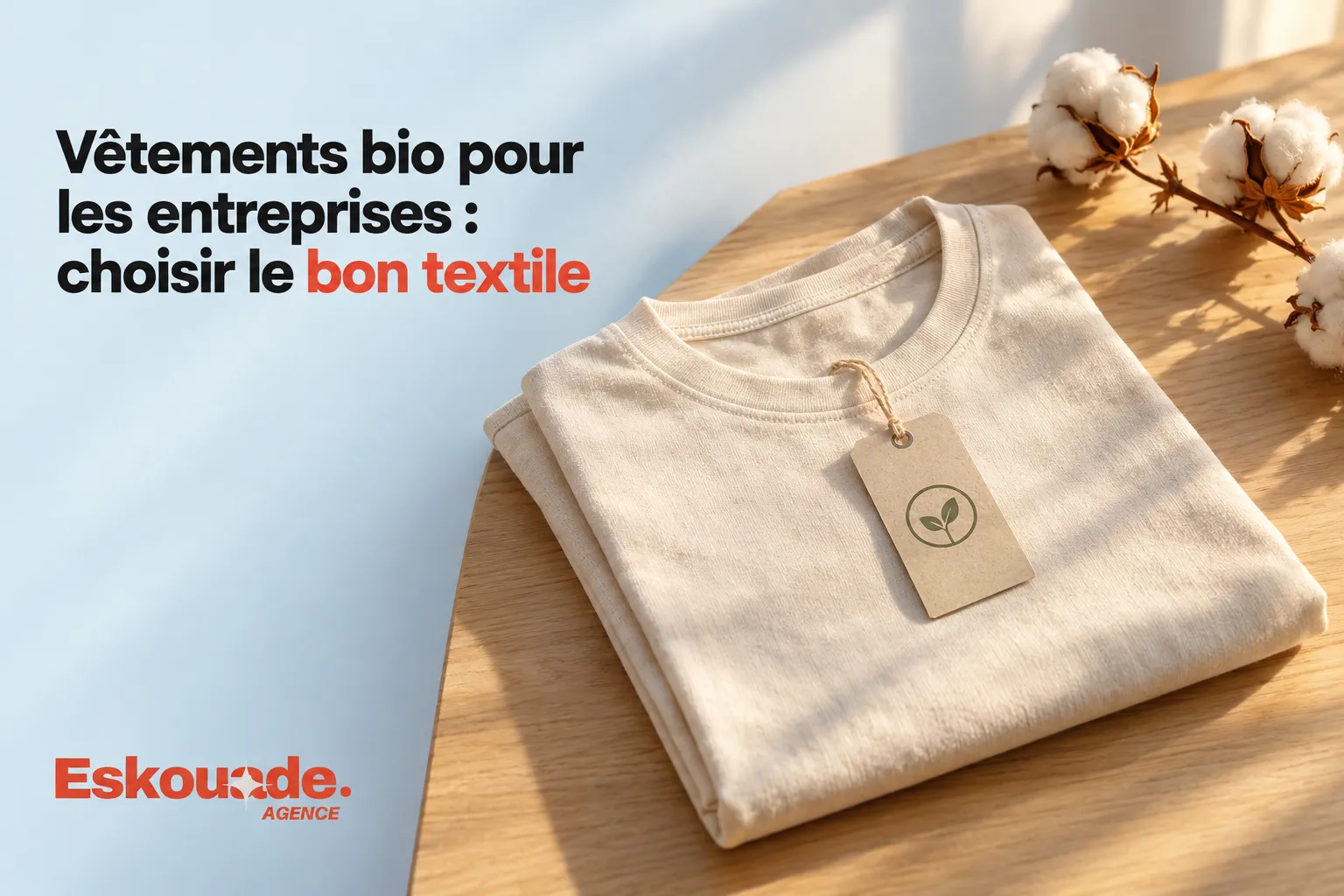 T-shirt beige plié sur une table en bois avec étiquette artisanale et un motif de feuille sur le carton, sur fond lumineux.