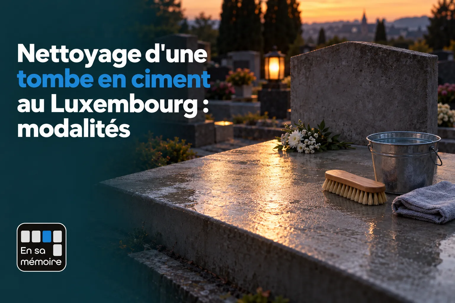 Une tombe en ciment humide porte une brosse, un seau et un chiffon dans un cimetière.
