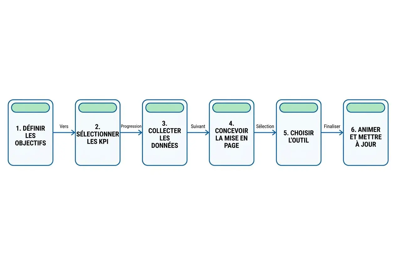 Diagramme de flux montrant les étapes d’un tableau de bord suivi de projet: définir les objectifs, sélectionner les KPI, collecter les données, concevoir la mise en page, choisir l’outil, animer et mettre à jour.