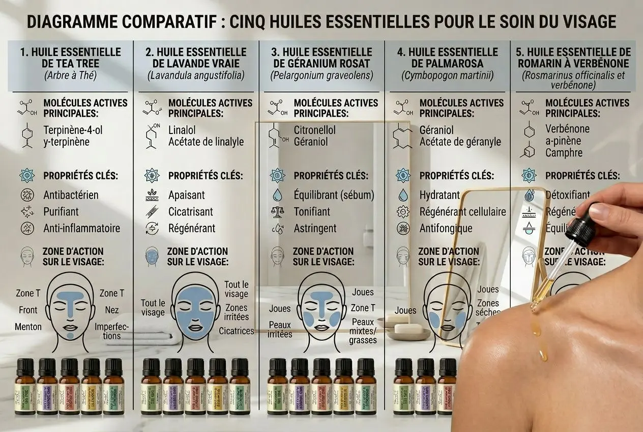 Diagramme comparatif des huiles essentielles pour le soin du visage, avec flacons et gestes d’application près d’un visage. Routine naturelle peau atopique sans chimie suggérée.