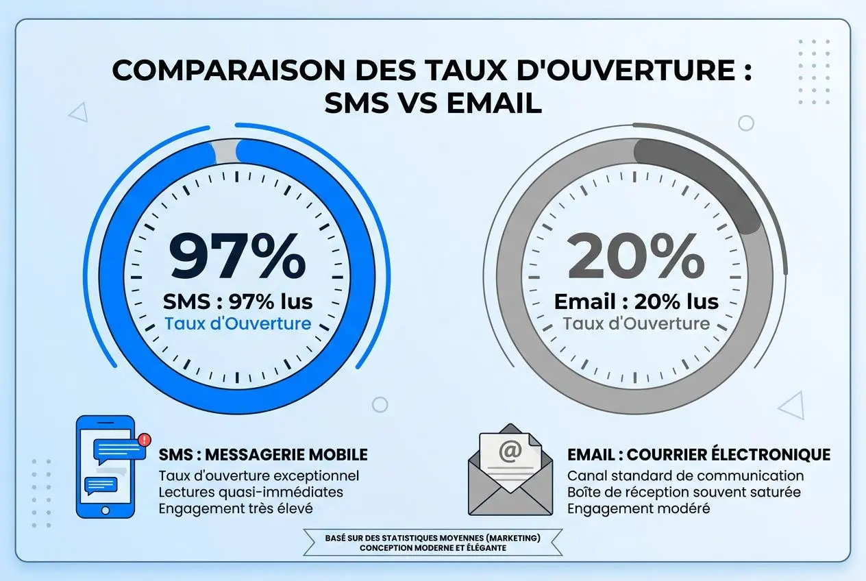 Comparaison des taux d'ouverture : sms vs email, avec 97% pour SMS et 20% pour email, sur fond bleu. Textes et icônes illustrant SMS: messagerie mobile et courrier électronique. crm avec sms intégré intégré naturellement.
