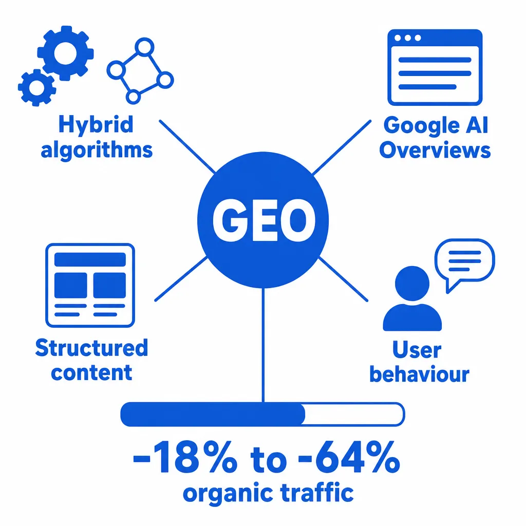 Infographic showing how AI is reshaping SEO: hybrid algorithms, structured content, user behaviour, AI Overviews and organic traffic loss
