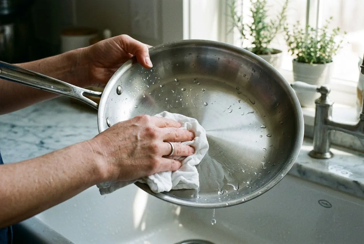 Personne essuyant une poêle inox au lavabo pour démontrer comment bien utiliser poele inox.