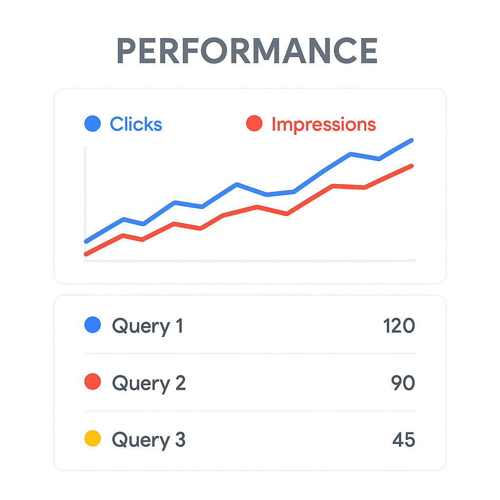 Maquette du rapport de performance de la Google Search Console montrant le suivi des clics et des impressions.