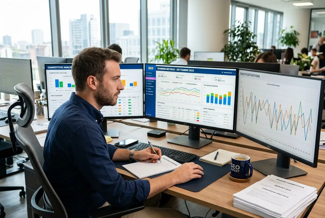 Analista al lavoro con tre monitor che mostrano grafici e metriche SEO, spaccando dati per la precisione dei rank tracker.