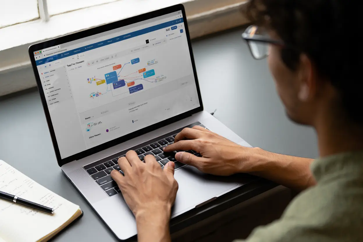 Professionista che crea topic cluster con strumento IA