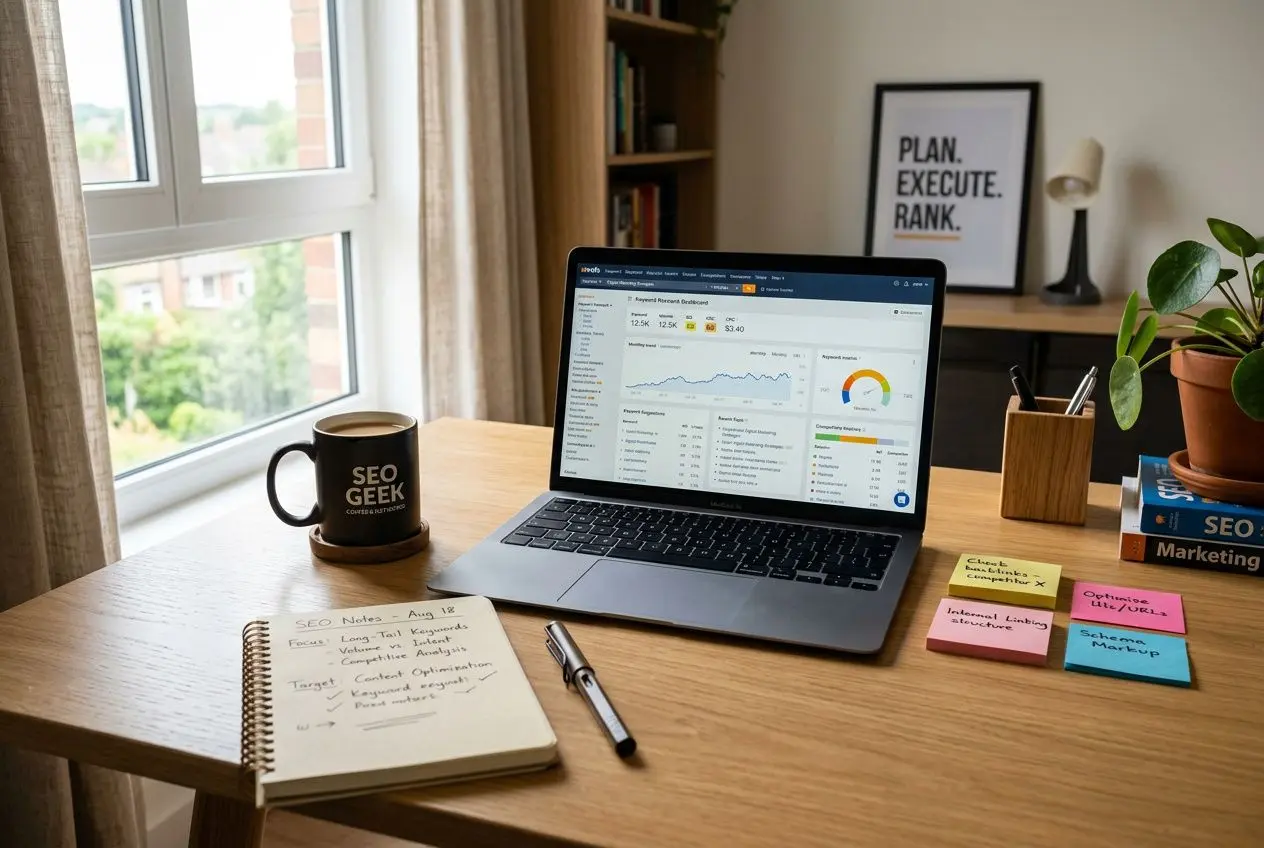Ordinateur portable affichant des données d’analyse SEO, mug “SEO GEEK”, carnet et post‑its sur un bureau, planifications et livres sur le marketing, ambiance de travail. (intègre seo marketing keywords)