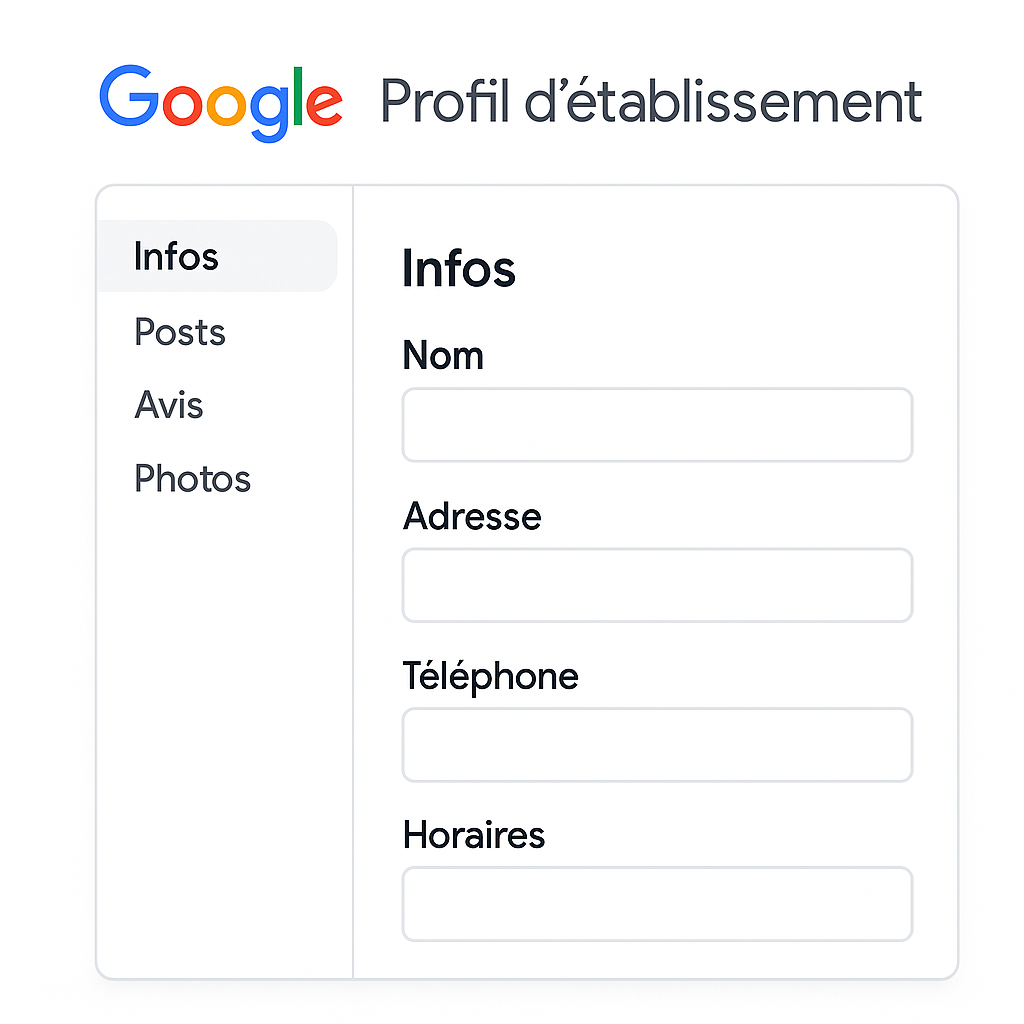 Interface stylisée de Google Business Profile illustrant l'optimisation des informations locales (Nom, Adresse, Téléphone, Horaires).