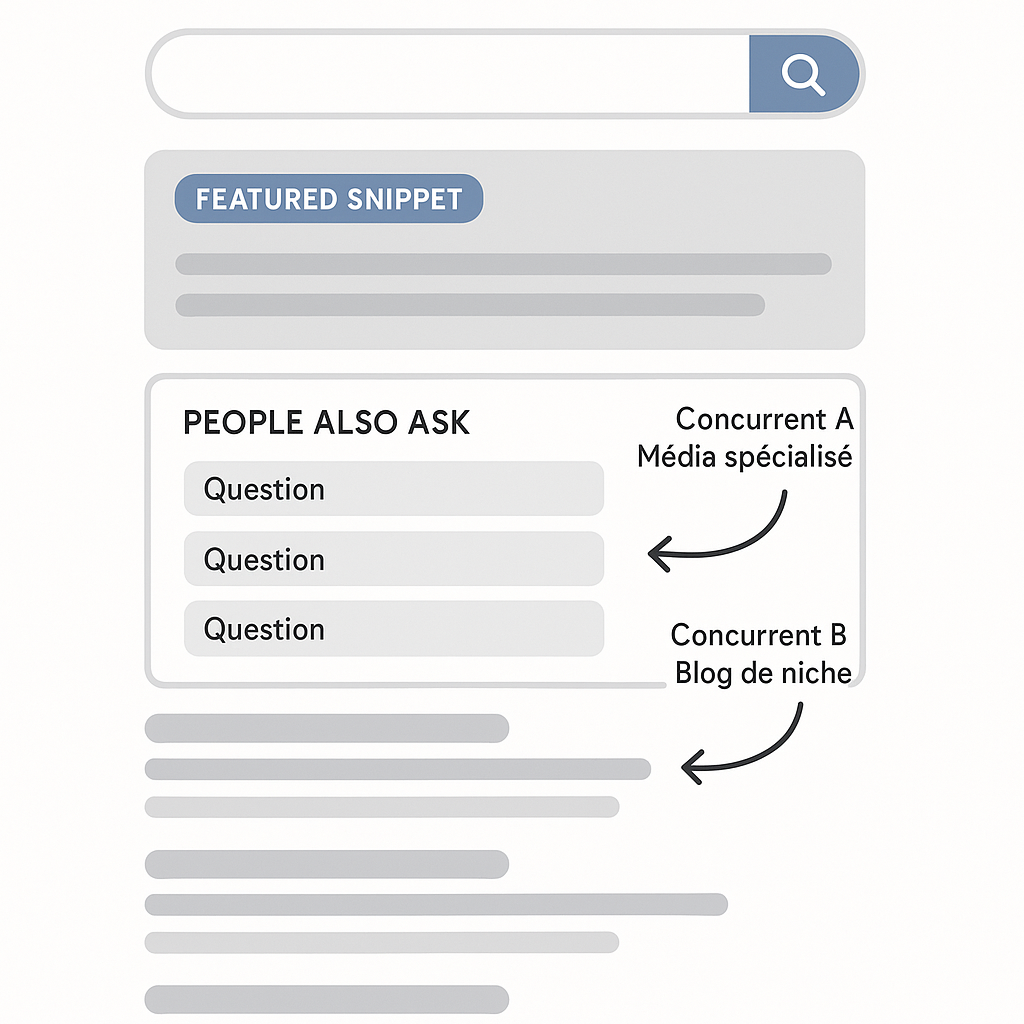 Illustration d'une page de résultats Google (SERP) montrant les éléments à analyser pour le SEO : le featured snippet, les questions 'People Also Ask' et les types de concurrents.