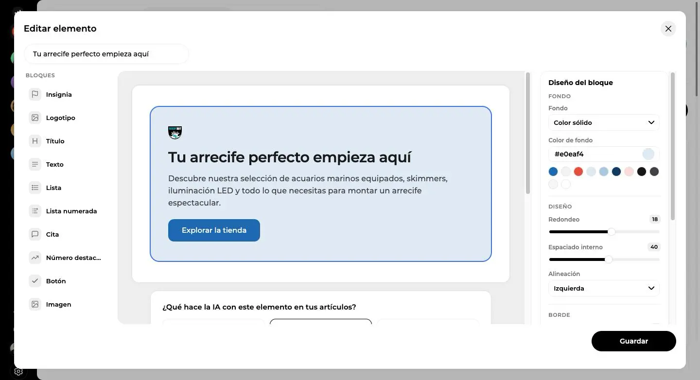 Editor de un elemento gráfico con la paleta de bloques, la vista previa del banner y el inspector Diseño del bloque