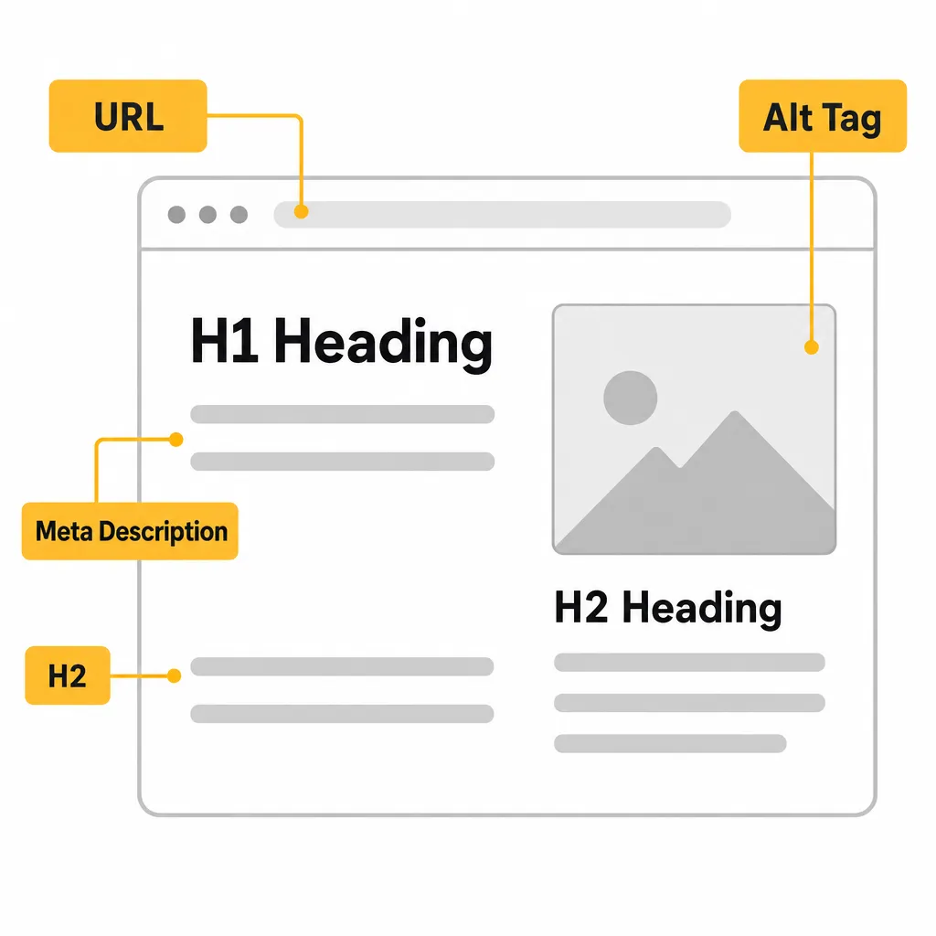 Infographic of essential on-page SEO elements on a web page: H1 and H2 headings, optimised URL, meta description and descriptive image alt tag.