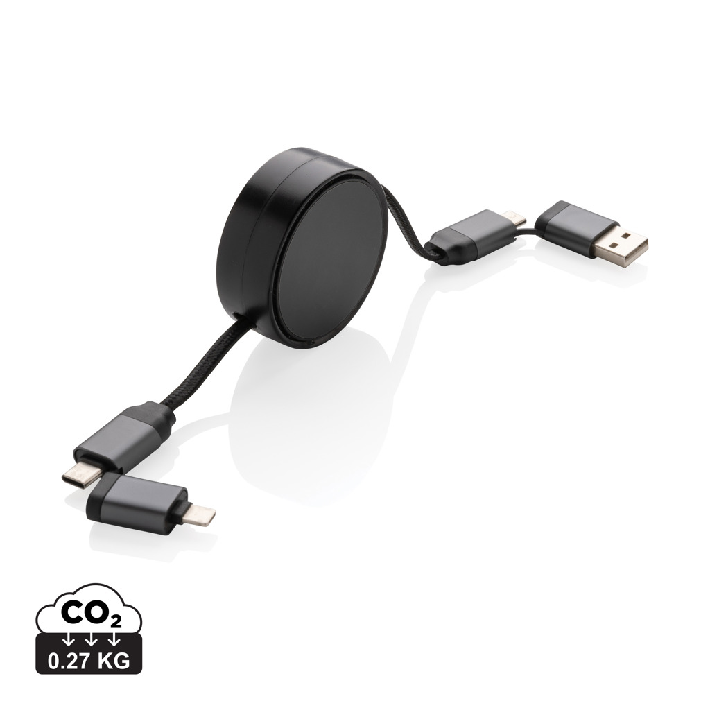 Batterie externe marquage entreprise: chargeur circulaire noir avec câble USB C et adaptateurs USB-C/USB-A, poids 0,27 kg.