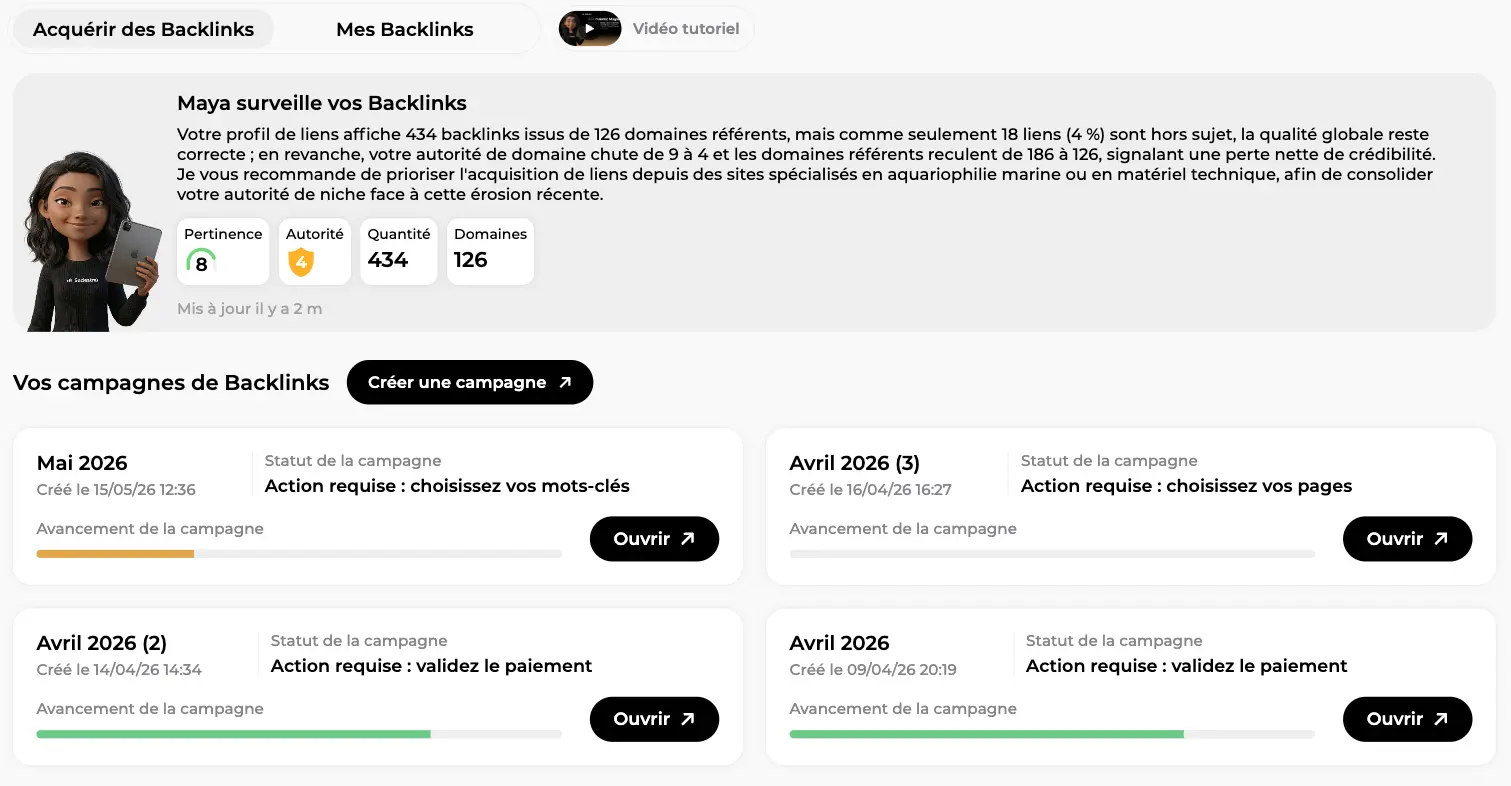 Vos campagnes de Backlinks : cartes Mai 2026 et Avril 2026 avec leur statut, leur barre d'avancement et le bouton Ouvrir