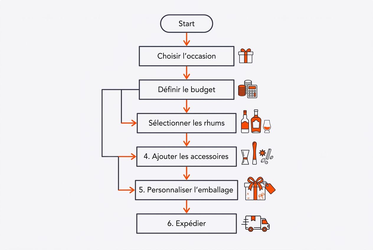 Processus étape par étape pour choisir et expédier un coffret cadeau entreprise original de rhum, incluant personnalisation et accessoires.