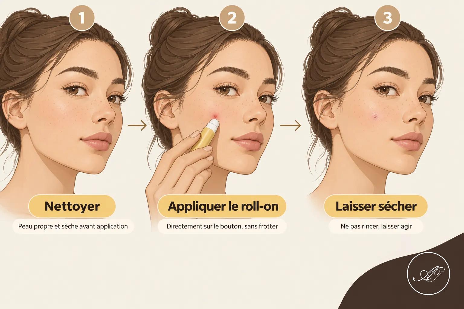 Nettoyer le visage puis appliquer le roll-on sur les zones concernées et laisser sécher.