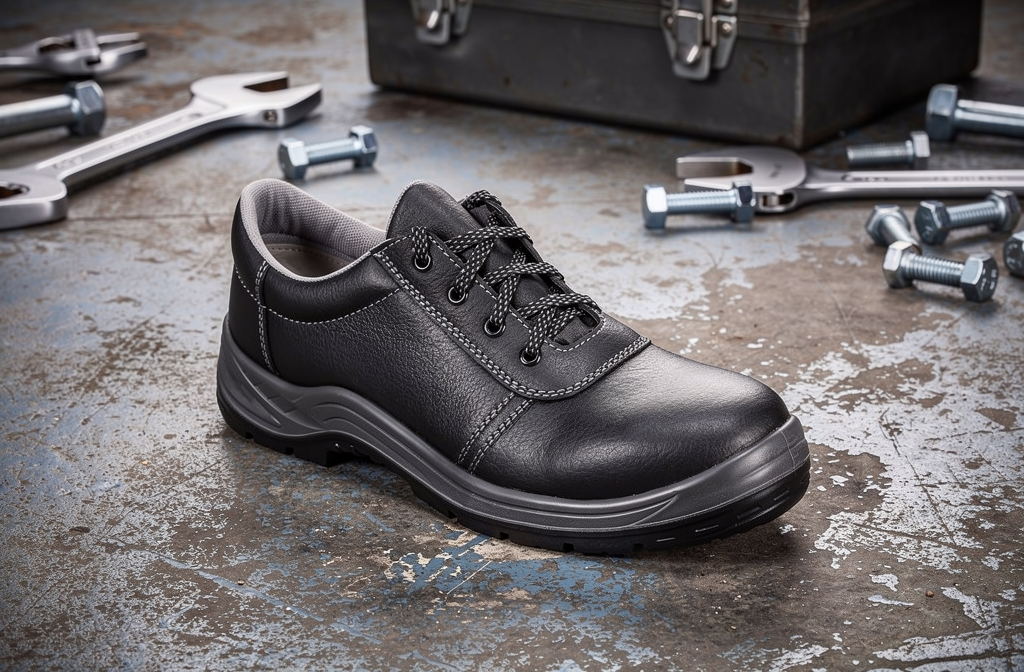 Chaussure de sécurité noire dans un atelier professionnel avec outils industriels