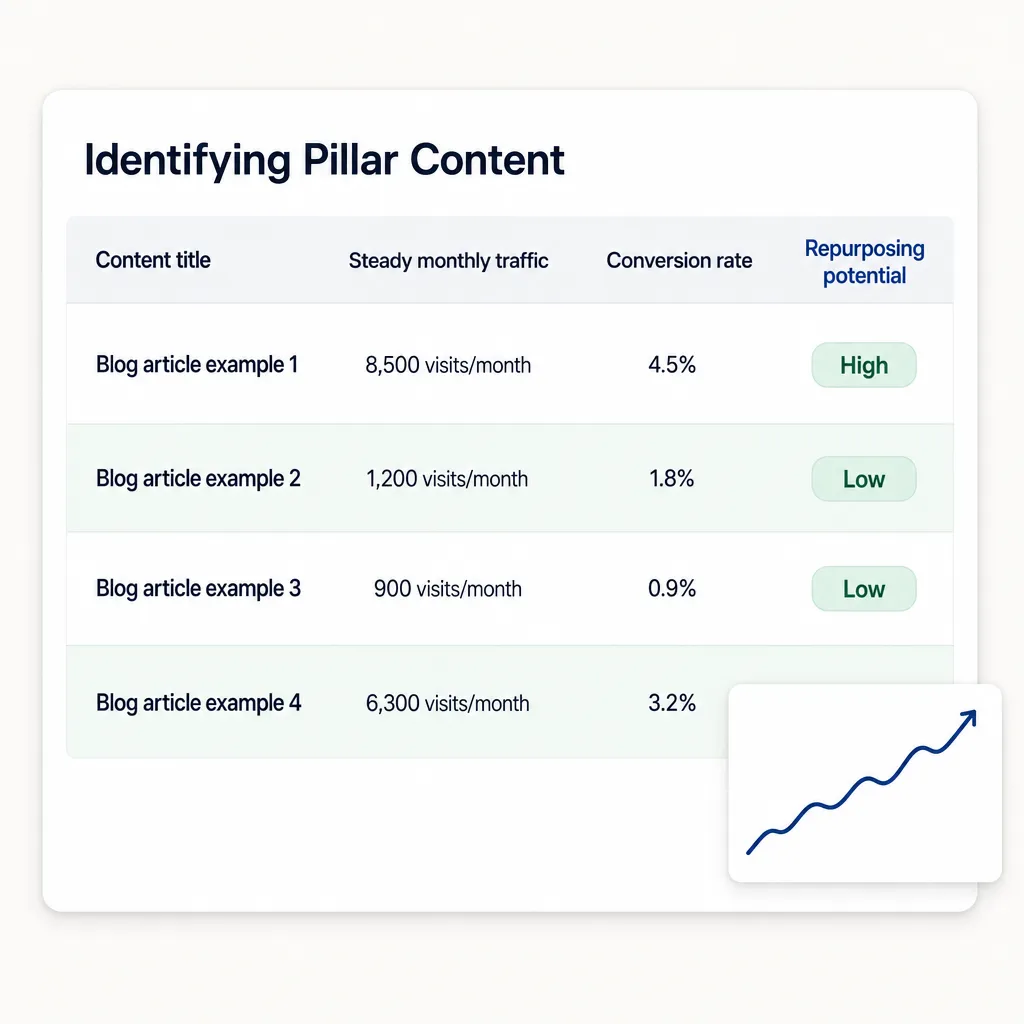 Analytics table used to identify a website's pillar content, ranking blog articles by monthly traffic, conversion rate and repurposing potential.