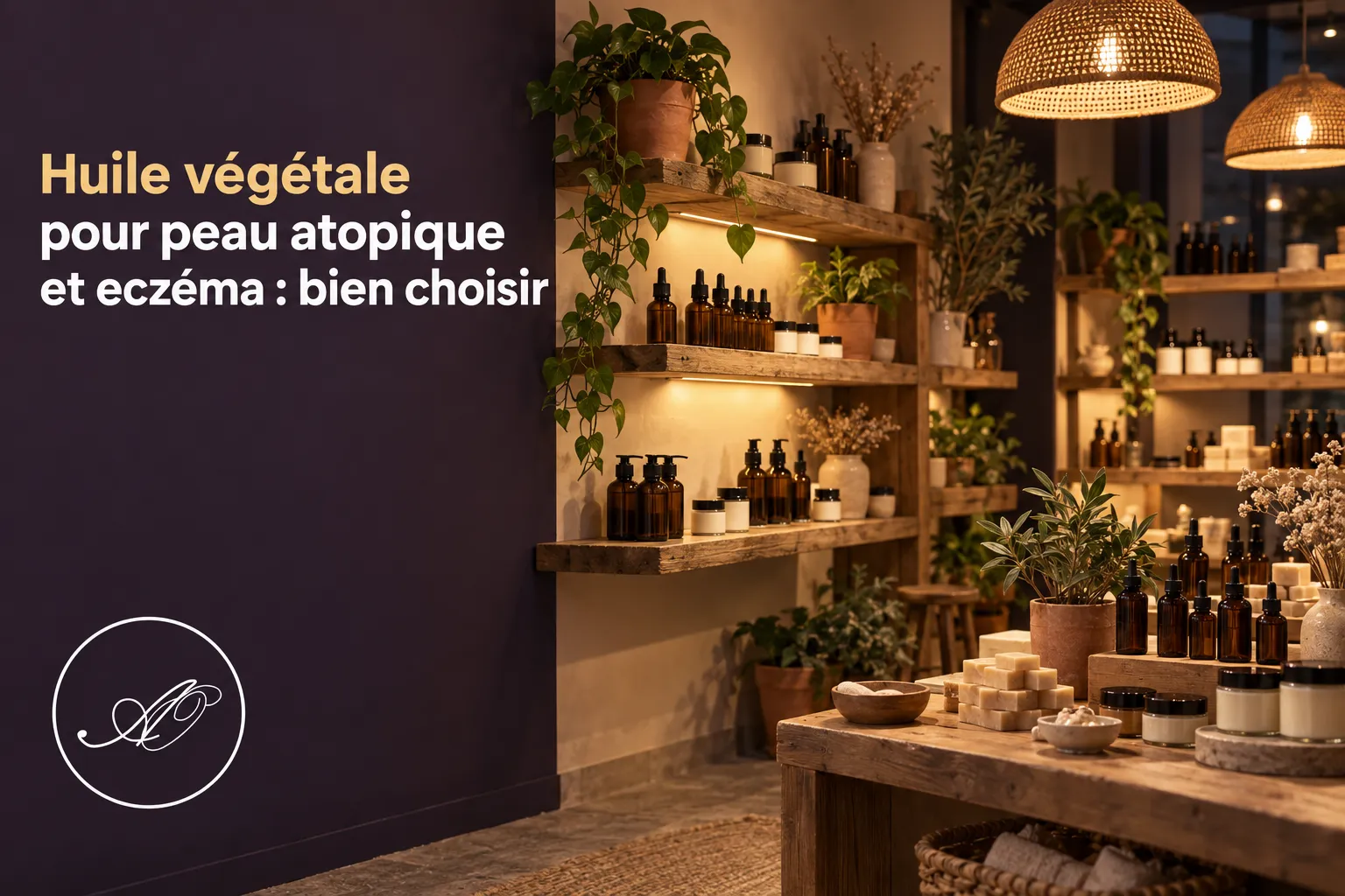 Vitrine intérieure d’une boutique affichant des bouteilles et pots d’huile végétale sur des étagères en bois, avec un mur