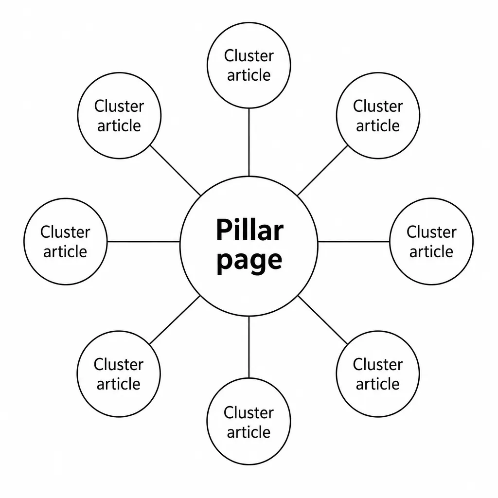 Diagram of the SEO topic cluster model showing a central pillar page linked to several cluster articles.