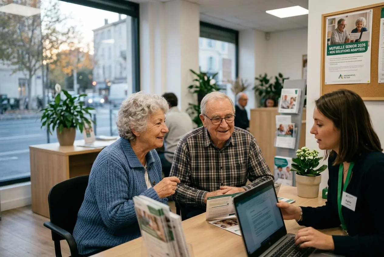 Deux seniors consultent une conseillère dans une agence, échange convivial autour d’un ordinateur portable et de documents. Meilleure mutuelle senior 2026.