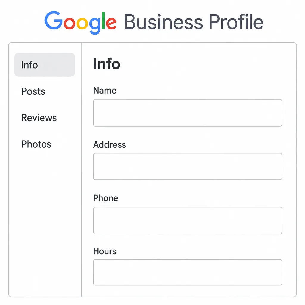 Stylised Google Business Profile interface showing the local details to optimise (Name, Address, Phone, Hours).