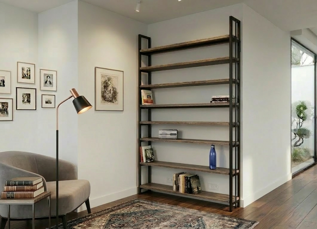 Étagère en bois et métal dans un séjour moderne; fauteuil, lampe design et mur décoré de cadres photo, ambiance chaleureuse. Avantages meuble bois et métal évoqué.