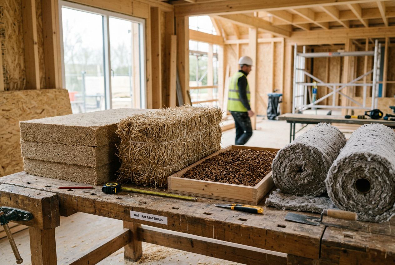 Table de travail dans un chantier avec échantillons de matériaux écologiques: fibres végétales, paille et liège, prêt à comparer les matériaux écologique construction