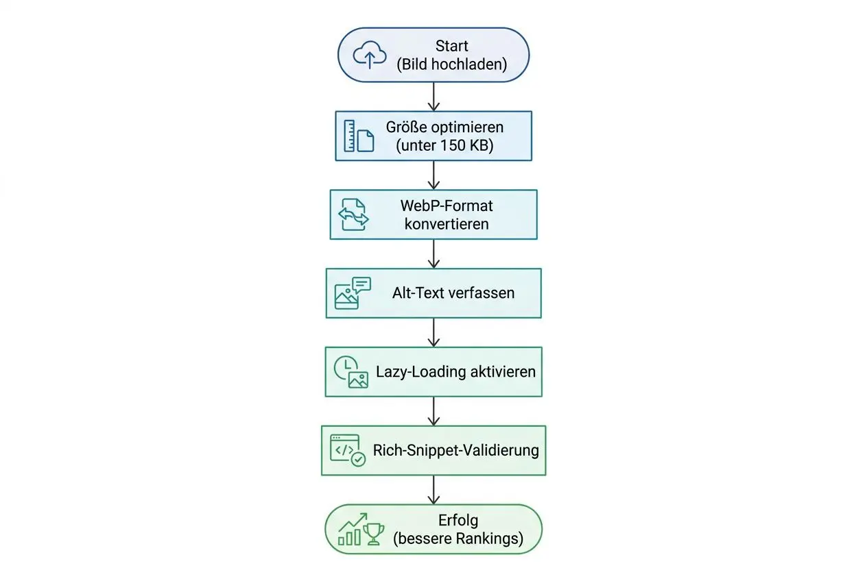 Start: Bild hochladen → Größe optimieren (unter 150 KB) → WebP-Format konvertieren → Alt-Text verfassen → Lazy-Loading aktivieren → Rich-Snippet-Validierung → Erfolg (bessere Rankings)