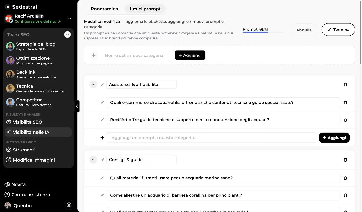 Modalità modifica dei prompt, campo per una nuova categoria, campi di rinomina, aggiunta di prompt e pulsanti Annulla e Termina