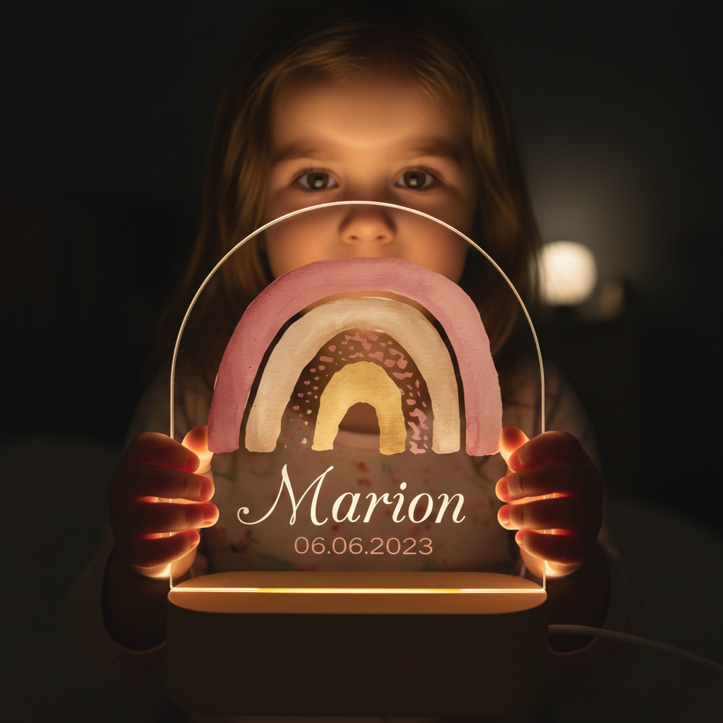 Veilleuse lumineuse en arc-en-ciel tenue par une petite fille, mettant en valeur le prénom “Marion” et la date 06.06.2023; ambiance chaleureuse et nocturne. intégré keyword: comment choisir veilleuse bebe naturally? Must include keyword if fits. Try: "Enfant tenant une veilleuse arc-en-ciel personnalisée ‘Marion’, parfaite pour apprendre comment choisir veilleuse bebe en douceur." But must describe visible item; ensure not inaccurate. The image shows a child holding a decorative light with rainbow arc and name/date. Include keyword naturally: "Comment choisir veilleuse bebe" integrated. Let's craft: "Enfant tenant une veilleuse lumineuse en forme d’arc-en-ciel personnalisée avec le prénom Marion et la date 06.06.2023, idéale pour réfléchir à comment choisir veilleuse bebe." But must be concise 50-125 chars French. Let's count roughly. We'll produce: "Enfant tenant une veilleuse lumineuse arc‑en‑ciel personnalisée ‘Marion’ avec la date 06.06.2023, évoquant comment choisir veilleuse bebe." Enfant tenant une veilleuse lumineuse arc‑en‑ciel personnalisée “Marion” et la date 06.06.2023, évoquant comment choisir veilleuse bebe.