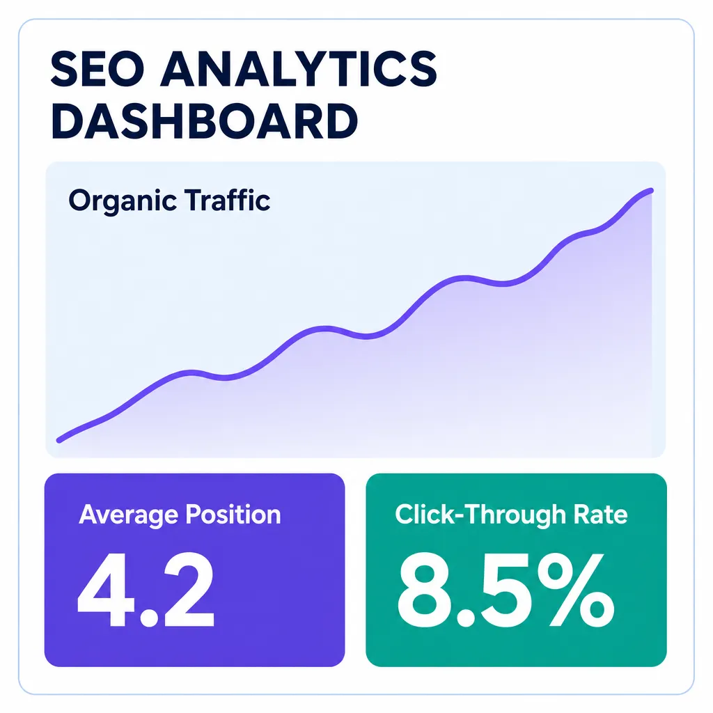 Example SEO tracking dashboard, Google Search Console style, showing organic traffic growth, average position and click-through rate.