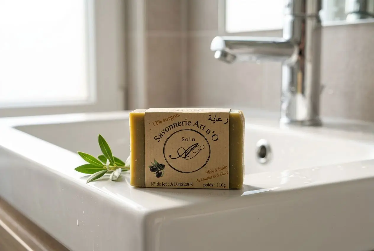 Savon artisanal posé sur le rebord d’un lavabo, avec une branche d’olivier à côté, évoquant des soins naturels pour la peau. | comment traiter l'acné fongique naturellement