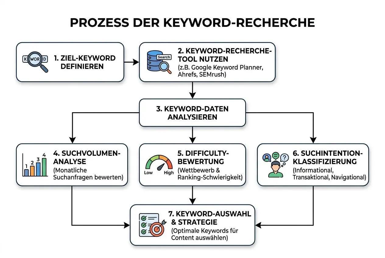 Prozess der Keyword-Recherche: Diagramm zeigt Schritte von Ziel-Keyword-Definition über Keyword-Recherche-Tool, Datenanalyse, Suchvolumen- und Difficulty-Bewertung bis zur Keyword-Auswahl & Strategie. Enthalten: ZP-Icons, Pfeile und Beschriftungen. So könnte eine seo artikel vorlage strukturiert werden.
