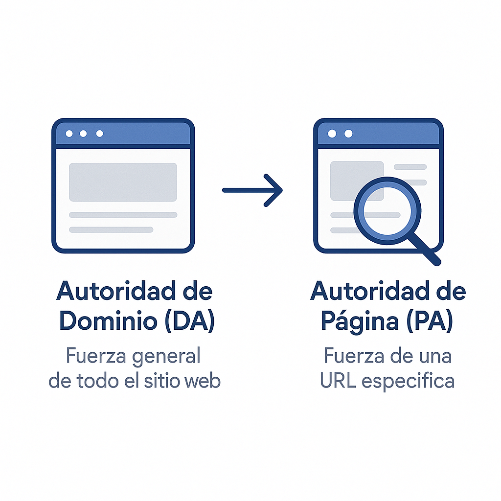 Diagrama que compara la Autoridad de Dominio (DA), que mide la fuerza de un sitio web completo, con la Autoridad de Página (PA), que mide la fuerza de una página individual.