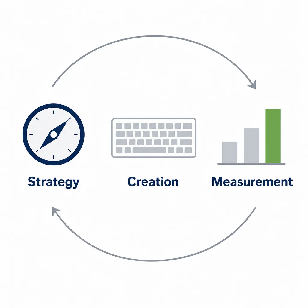 Diagram of the 3 content marketing pillars: Strategy (compass), Creation (keyboard) and Measurement (chart), shown as a continuous cycle.