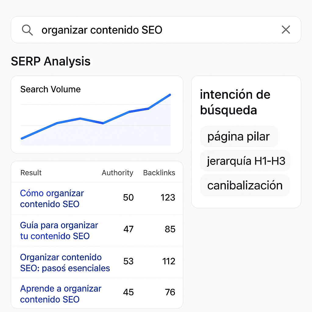 Interfaz de una herramienta de análisis SEO mostrando datos de la SERP, incluyendo volumen de búsqueda, métricas de competidores y una nube de palabras clave semánticas.
