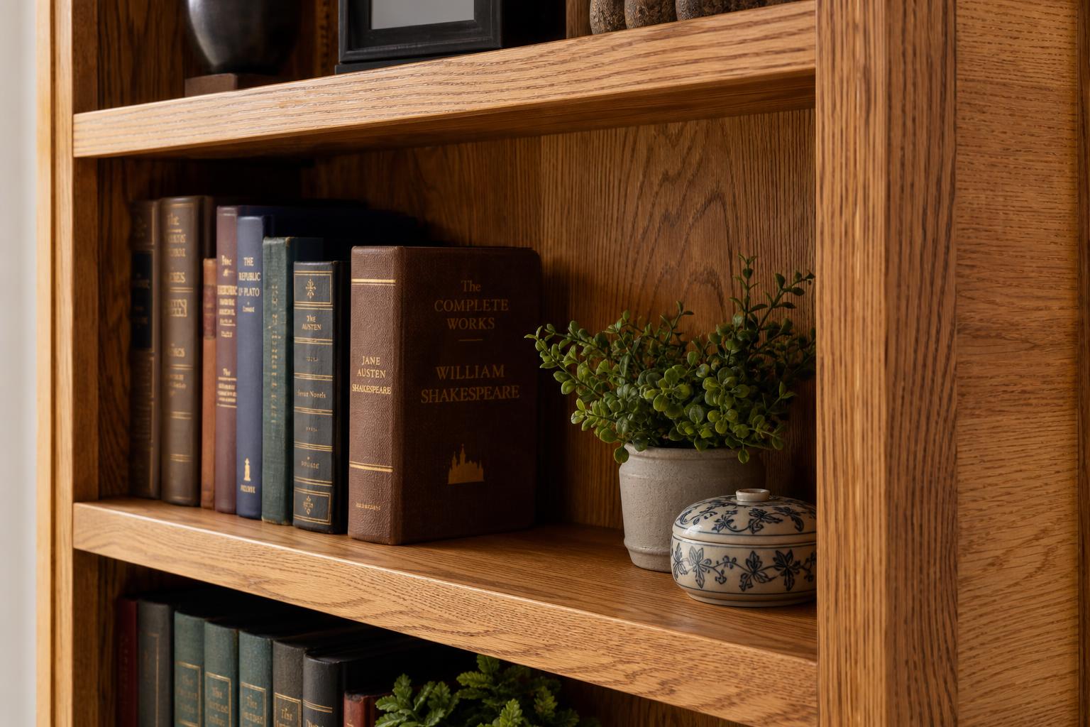 Une bibliothèque en bois clair avec des livres alignés sur l’étagère, accompagnée d’une petite plante et d’un pot décoratif. comment choisir une bibliothèque