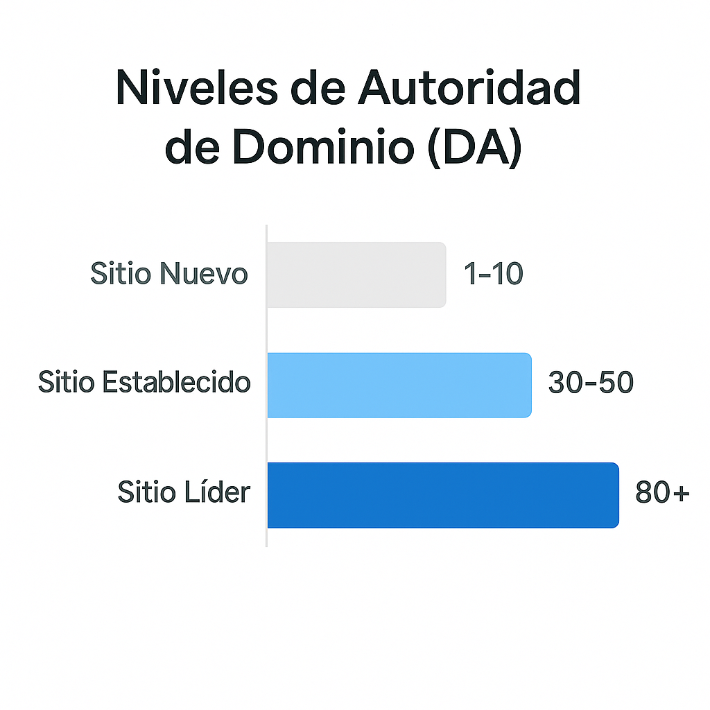 Gráfico de barras que muestra los niveles de Autoridad de Dominio: sitios nuevos (1-10), sitios establecidos (30-50) y sitios líderes (más de 80), demostrando que es una métrica comparativa.