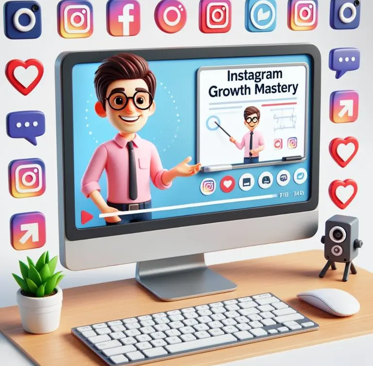 Ordinateur affichant un cours en ligne sur un bureau moderne avec des icônes de réseaux sociaux