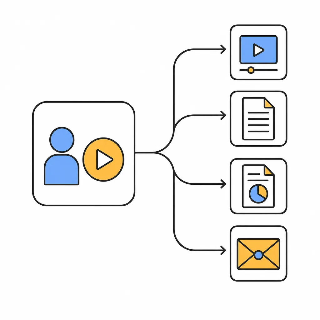 Schéma de recyclage de contenu : un bloc webinaire relié par quatre flèches à des icônes vidéo, article, infographie et e-mail.
