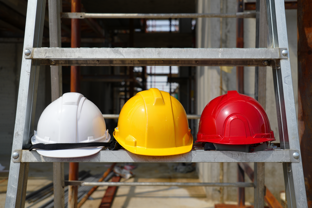 Casques de chantier avec code couleur jaune, blanc et rouge