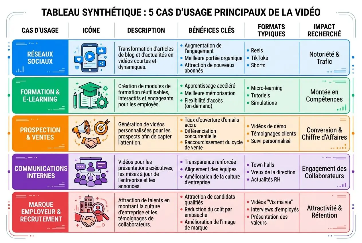 Tableau synth&eacute;tique pr&eacute;sentant 5 cas d&rsquo;usage principaux de la vid&eacute;o : r&eacute;seaux sociaux, formation et e-learning, prospection et ventes, communications internes et marque employeur. Chaque ligne d&eacute;taille ic&ocirc;ne, description, b&eacute;n&eacute;fices cl&eacute;s, formats typiques et impact recherch&eacute;. Inclut notamment vid&eacute;o et formats courants (Reels, TikToks, Shorts) et r&eacute;sultats comme notori&eacute;t&eacute;, engagement, conversion et r&eacute;tention. Mot-cl&eacute; int&eacute;gr&eacute;: vid&eacute;o d'entreprise intelligence artificielle.