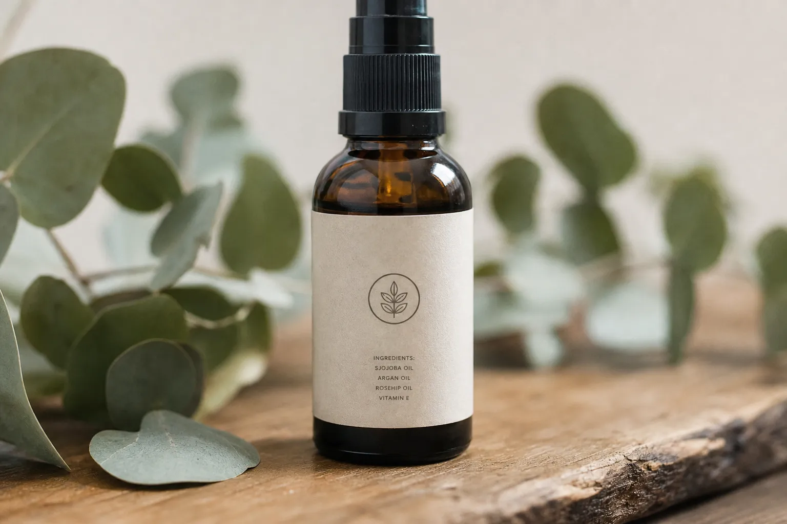 Flacon spray brun en verre sombre avec étiquette naturelle sur une planche en bois, entouré de feuilles vertes. cosmétique 100% naturel et bio.