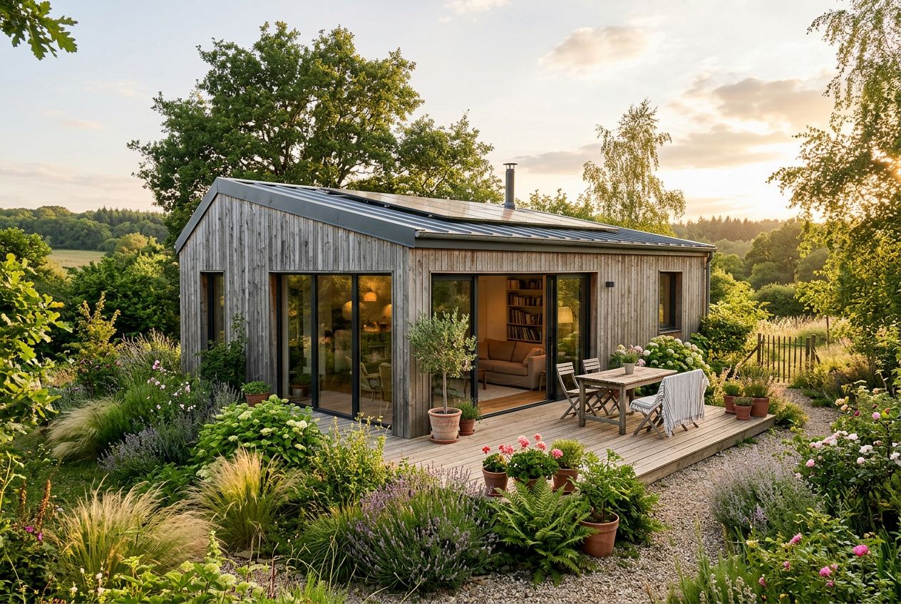 Petite maison ossature bois moderne avec façade en bois, grandes baies vitrées sur terrasse aménagée et jardin environnant.