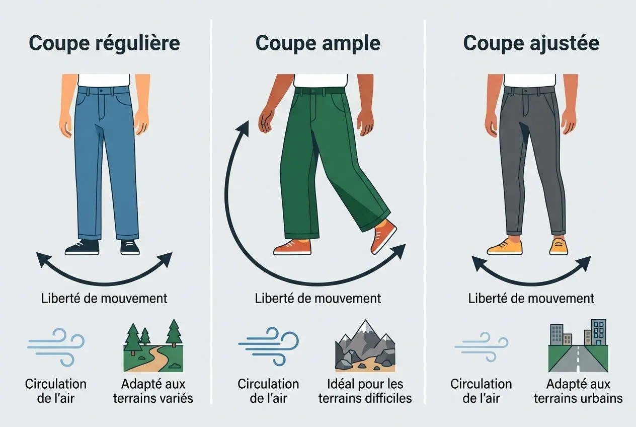 Trois coupes de pantalon outdoor: régulière, ample et ajustée, montrant liberté de mouvement, circulation de l’air et adaptation aux terrains variés ou difficiles.