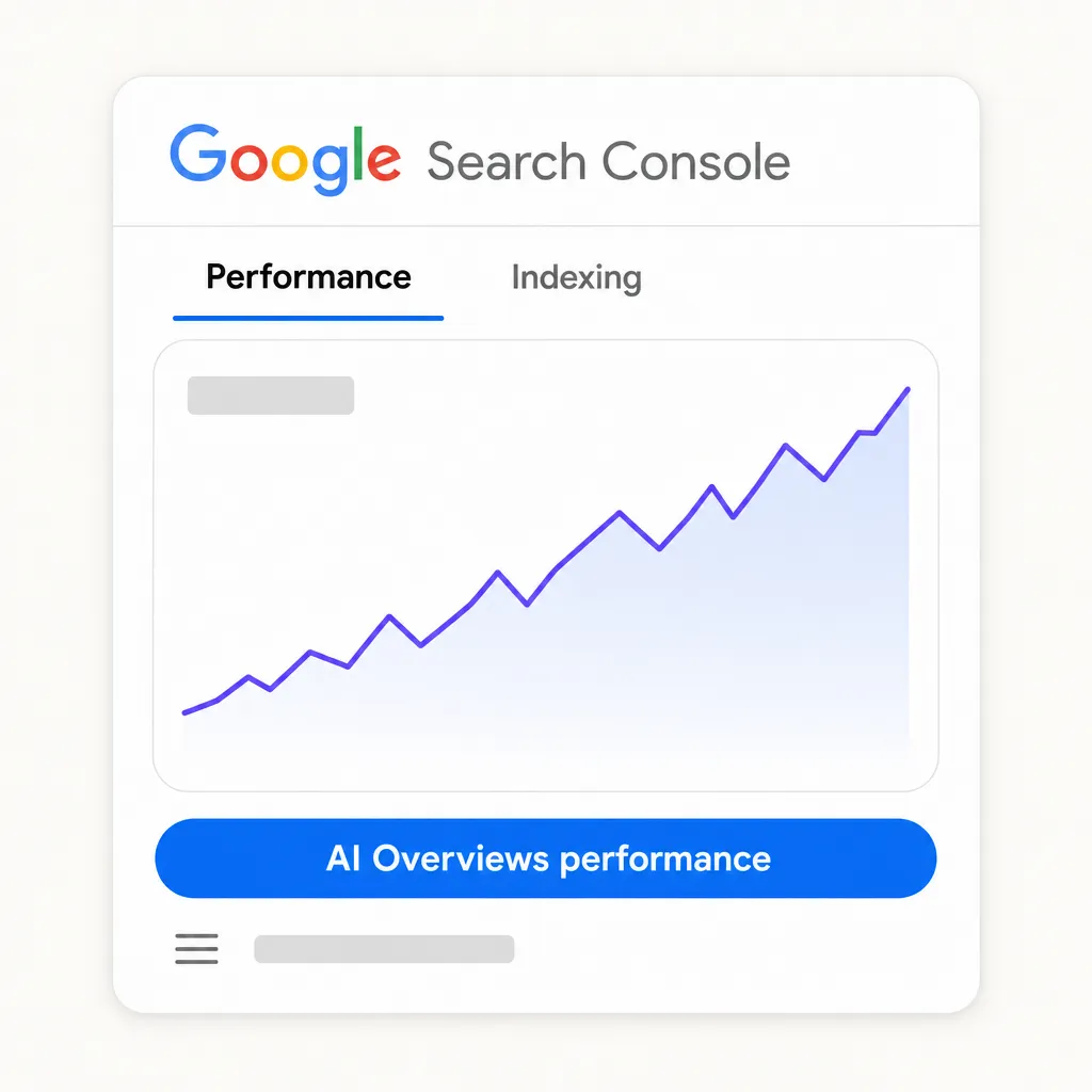 Google Search Console interface with Performance and Indexing tabs, a line chart and a blue "AI Overviews performance" button.