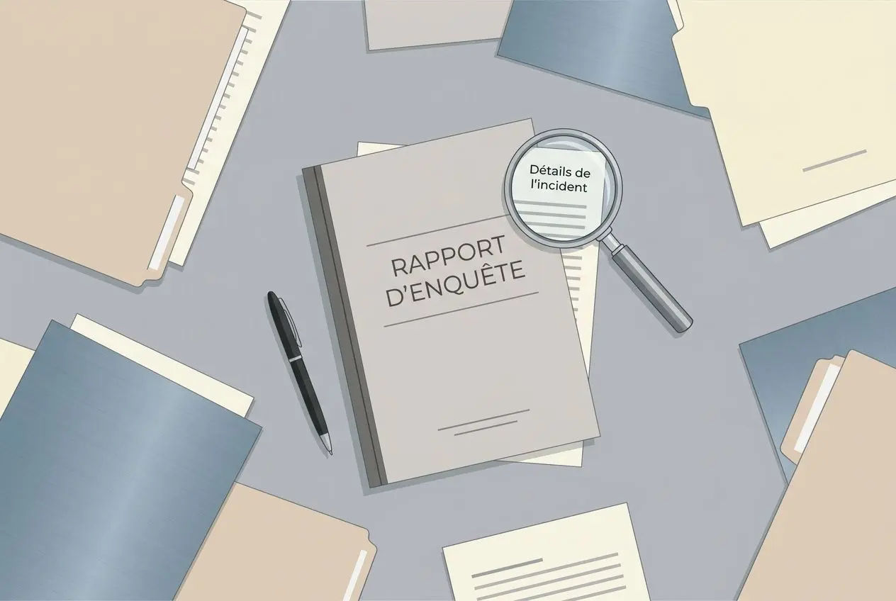 Rapport d’enquête avec loupe et documents, évoquant une procédure de divorce et des éléments de preuve. Détective privé pendant un divorce.