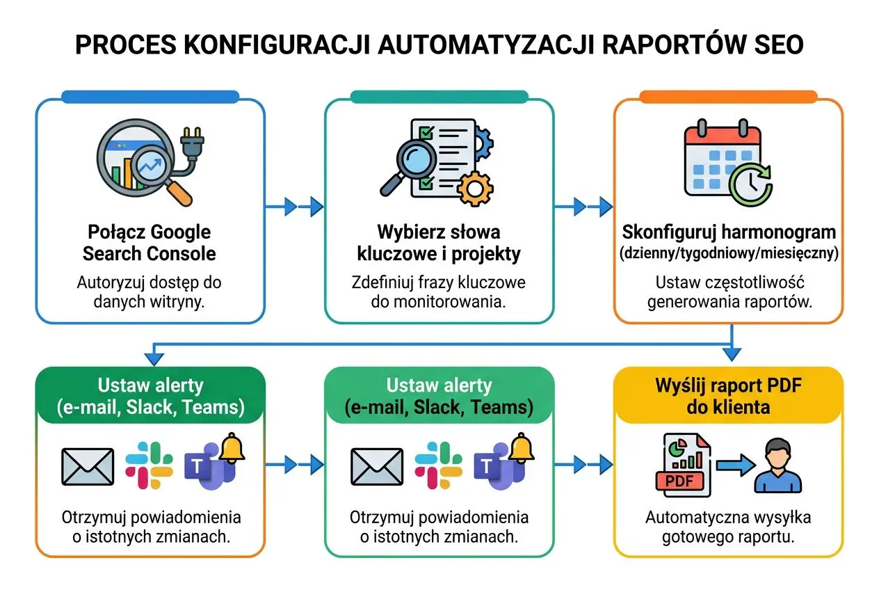 Proces konfiguracji automatyzacji raportów SEO: od dostępu do Google Search Console po ustawienie alertów i wysyłkę gotowego raportu PDF.