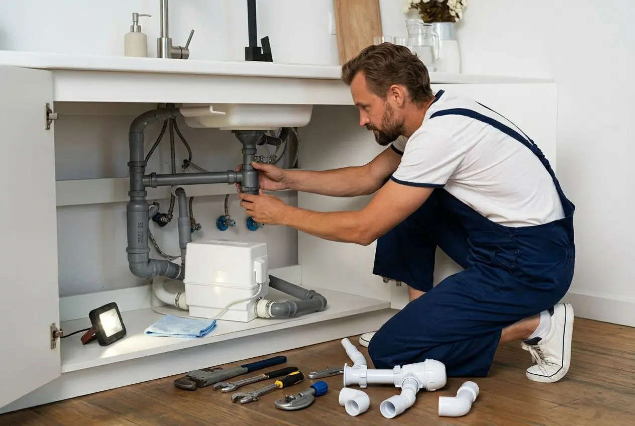 Installateur sous l’évier effectuant le curage/ débouchage de canalisation, outils et pièces de plomberie au sol.