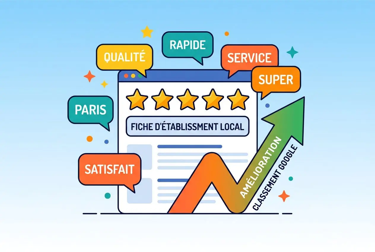 Illustration de fiche d’établissement local avec étoiles et bulles “qualité”, mots-clés Paris, satisfaction, rapide, service, super, indiquant l’amélioration et le classement Google pour optimiser son seo local.
